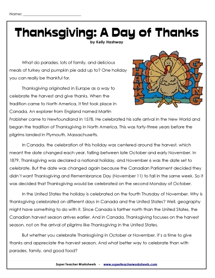 Thanksgiving Reading Comprehension - A Day of Thanks (Non-Fiction) Thanksgiving Reading Comprehension - A Day of Thanks (Non-Fiction)