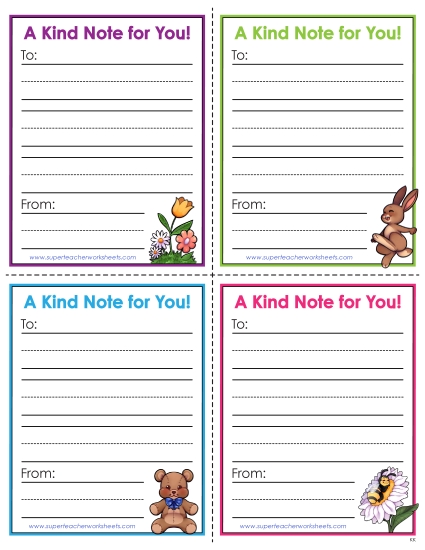 Kindness - A Kind Note For You!  (Primary Lines) (Printable PDF Worksheet)