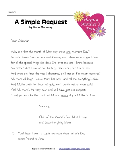 Holiday Poems - A Simple Request (Mother's Day) Holiday Poems - A Simple Request (Mother's Day)