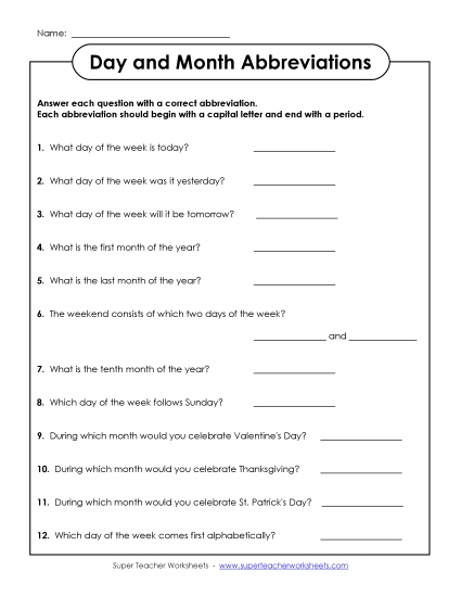 Days and Months - Abbreviation Questions