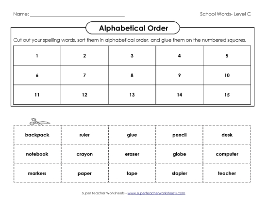 ABC Order - ABC Order: Cut and Glue (C-School Words) ABC Order - ABC Order: Cut and Glue (C-School Words)