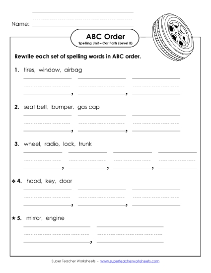 ABC Order - ABC Order - Word Sets (B-Car Parts) 