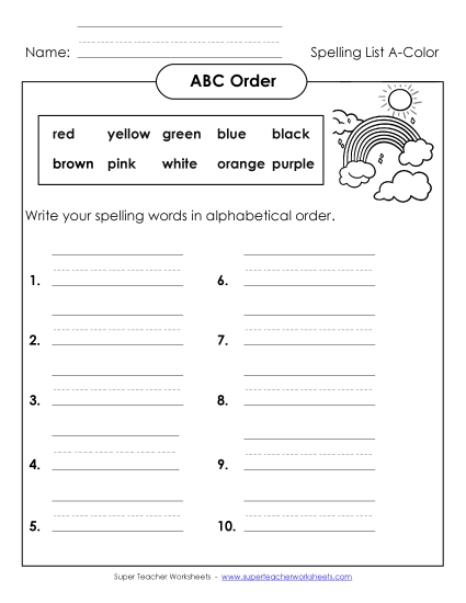 ABC Order - ABC Order: Write List (A-Color Words) ABC Order - ABC Order: Write List (A-Color Words)