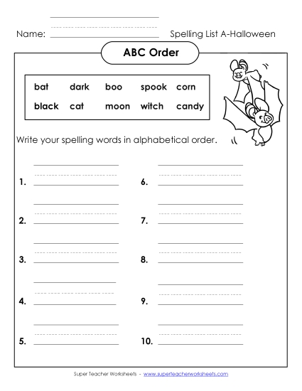 ABC Order - ABC Order: Write List (A-Halloween) 