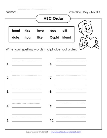 ABC Order - ABC Order: Write List (A-Valentine's Day) 