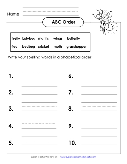 ABC Order - ABC Order: Write List (B-Insect Words) 