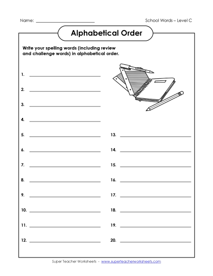 ABC Order - ABC Order: Write List (C-School Words) 