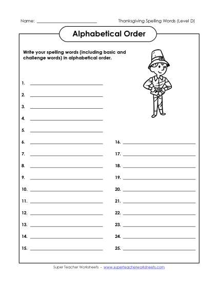 Alphabetical Order - ABC Order: Write List (D-Thanksgiving) 