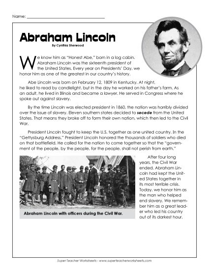Reading Comprehension - Abraham Lincoln Bio Reading Comprehension - Abraham Lincoln Bio