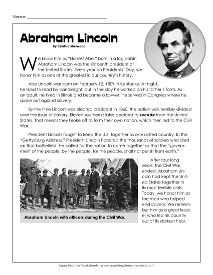 Reading Comprehension Passages - Abraham Lincoln