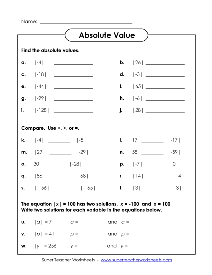Absolute Value - Absolute Value Worksheet