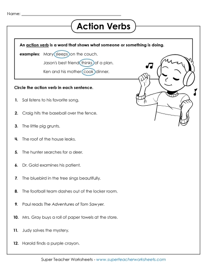 Basic Action Verbs - Action Verb Worksheet
