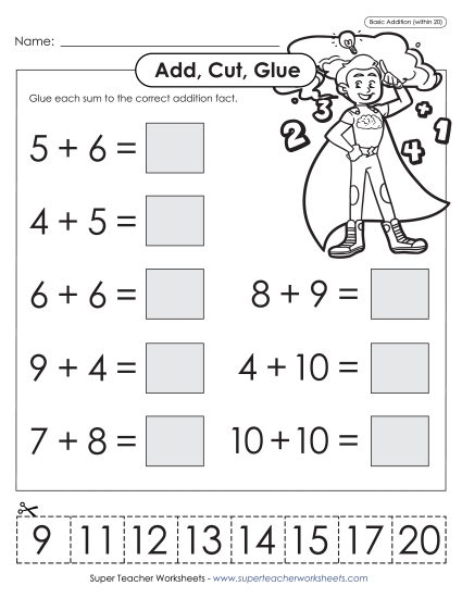 Addition Worksheets & Games - Add, Cut, Glue (Addends Up to 10; Sums to 20)
