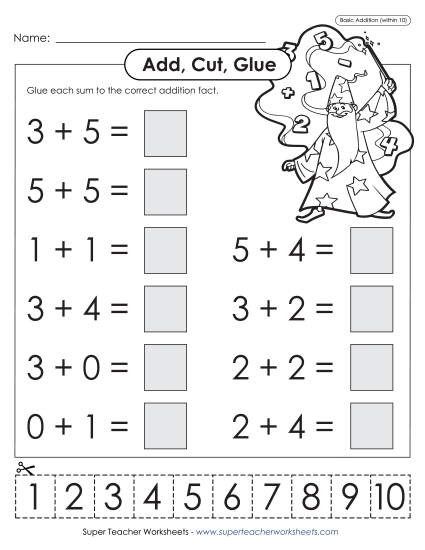 Addition Worksheets, Games, & Puzzles - Add, Cut, Glue Wizard