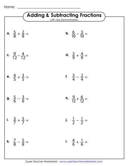 Adding Fractions: Same Denominator - Adding and Subtracting Fractions w/ Like Denominators (Horizontal) Adding Fractions: Same Denominator - Adding and Subtracting Fractions w/ Like Denominators (Horizontal)