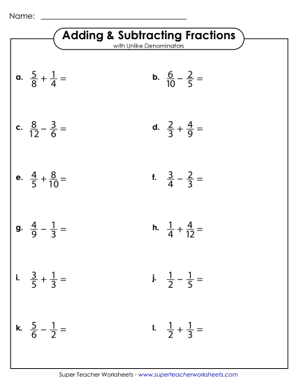 Adding Fractions: Different Denominators - Adding and Subtracting Fractions with Unlike Denominators (Horizontal)
