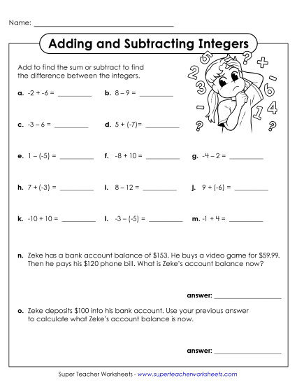 Adding & Subtracting Integers (Mixed) - Adding & Subtracting Integers (Printable PDF Worksheet)