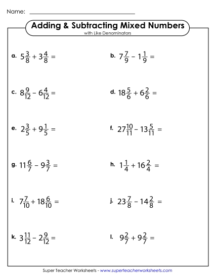 Adding Mixed Numbers: Same Denominators - Adding and Subtracting Mixed Numbers with Like Denominators (Horizontal) 