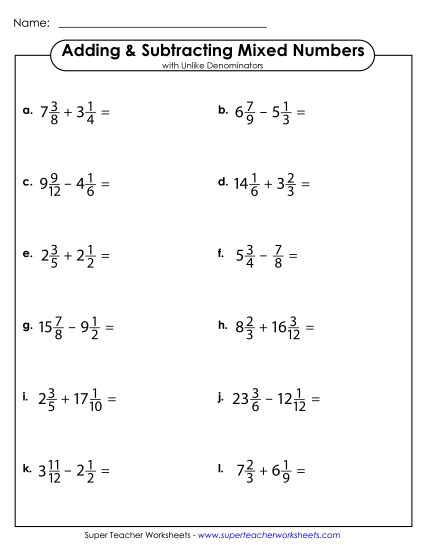 Subtracting Mixed Numbers: Different Denominators - Adding and Subtraction Mixed Numbers with Unlike Denominators (Horizontal) Subtracting Mixed Numbers: Different Denominators - Adding and Subtraction Mixed Numbers with Unlike Denominators (Horizontal)