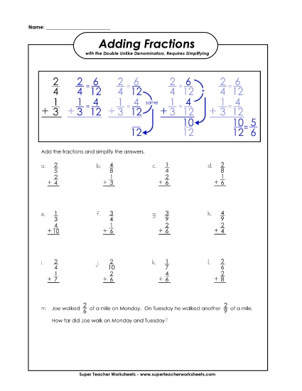 Adding Fractions: Different Denominators - Adding Fractions (Unlike Denominators)  ADVANCED (Printable PDF Worksheet)