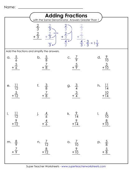 Adding Fractions: Same Denominator - Adding Fractions (w/ Answers > 1)