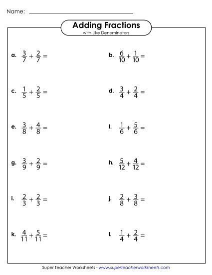Adding Fractions: Same Denominator - Adding Fractions w/ Like Denominators (Horizontal) Adding Fractions: Same Denominator - Adding Fractions w/ Like Denominators (Horizontal)