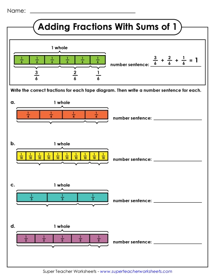 Adding Fractions: Same Denominator - Adding Fractions with Sums of 1: Tape Diagrams