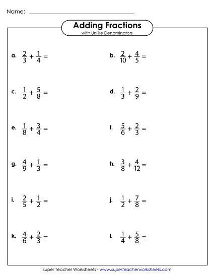 Adding Fractions: Different Denominators - Adding Fractions with Unlike Denominators (Horizontal) Adding Fractions: Different Denominators - Adding Fractions with Unlike Denominators (Horizontal)