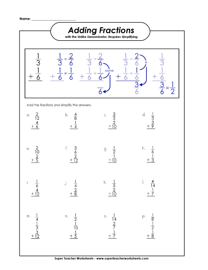 Adding Fractions: Different Denominators - Adding Fractions Worksheet (Unlike Denominators) 1