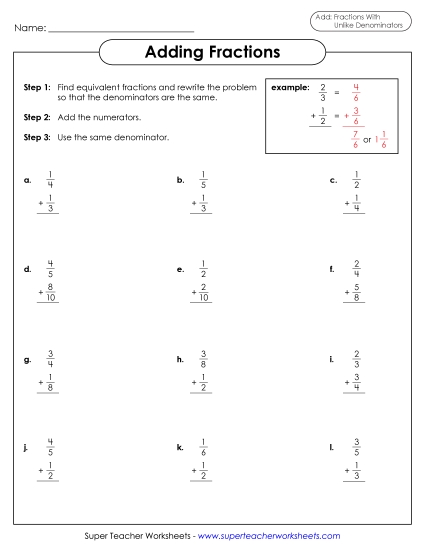 Adding Fractions: Different Denominators - Adding Fractions Worksheet (Unlike Denominators)  2 (Printable PDF Worksheet)