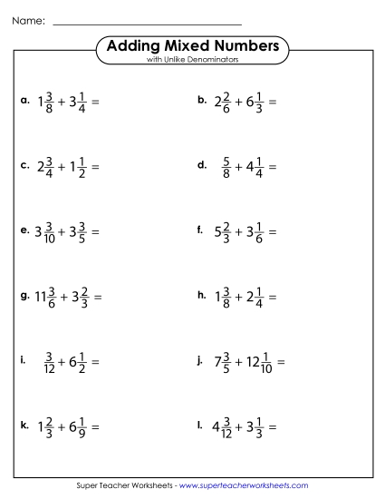 Adding Mixed Numbers: Different Denominators - Adding Mixed Numbers w/ Unlike Denominators (Horizontal) Adding Mixed Numbers: Different Denominators - Adding Mixed Numbers w/ Unlike Denominators (Horizontal)