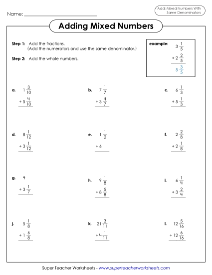 Adding Mixed Numbers: Same Denominators - Adding Mixed Numbers with Like Denominators 2 (Vertical) Adding Mixed Numbers: Same Denominators - Adding Mixed Numbers with Like Denominators 2 (Vertical)