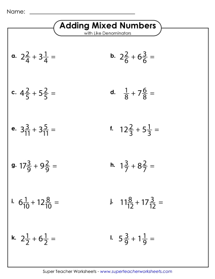 Adding Mixed Numbers: Same Denominators - Adding Mixed Numbers with Like Denominators (Horizontal)