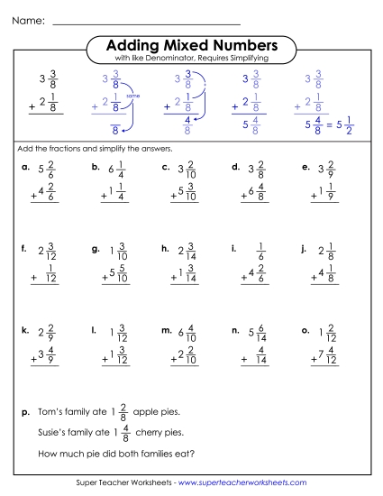 Adding Mixed Numbers: Same Denominators - Adding Mixed Numbers with Like Denominators (Vertical) Adding Mixed Numbers: Same Denominators - Adding Mixed Numbers with Like Denominators (Vertical)