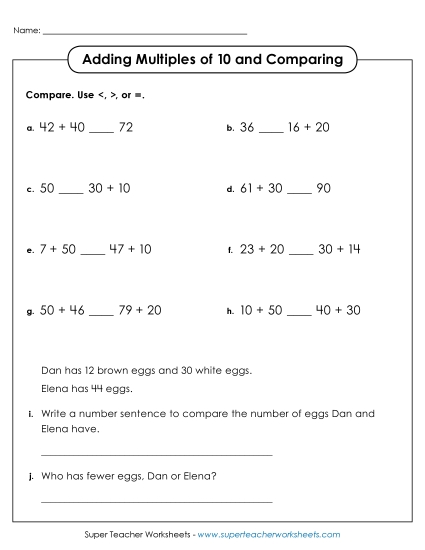 Adding Multiples of 10 - Adding Multiples of 10 and Comparing Adding Multiples of 10 - Adding Multiples of 10 and Comparing