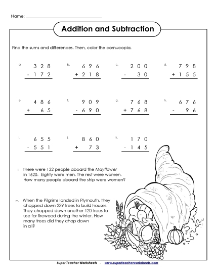 Thanksgiving Subtraction - Addition & Subtraction (3-Digit)