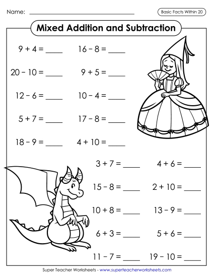 Practice Worksheets - Addition & Subtraction Facts: Fairy Tales  (Horizontal)