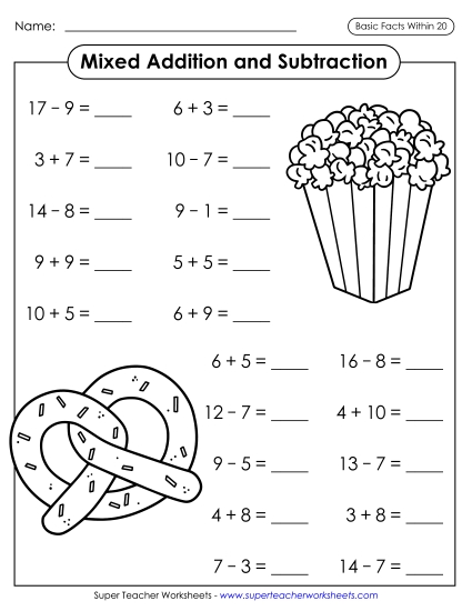 Practice Worksheets - Addition & Subtraction Facts: Snacks  (Horizontal)