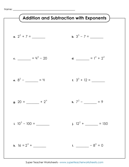 Exponents w/ Whole Numbers as a Base - Addition & Subtraction with Exponents