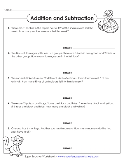 Addition and Subtraction Mixed - Addition & Subtraction Word Problems (Zoo-Themed) (Printable PDF Worksheet)