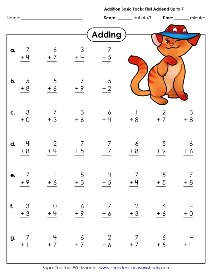 Addition Fact Drills - Addition Basic Facts (0-7)