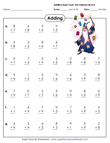 Addition Fact Drills - Addition Basic Facts (0-8)
