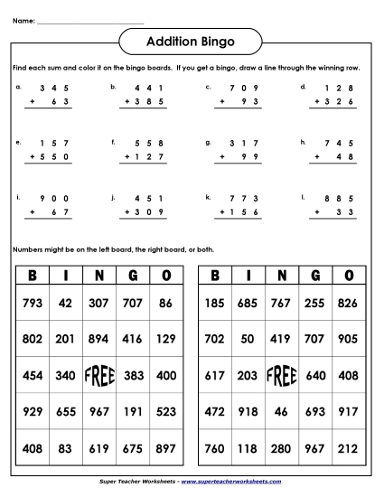 Addition (3-Digit Addends) - Addition Bingo:  3-Digit Addends