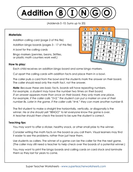 Addition Worksheets & Games - Addition Bingo Addition Worksheets & Games - Addition Bingo