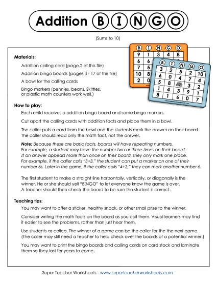 Addition Worksheets, Games, & Puzzles - Addition Bingo