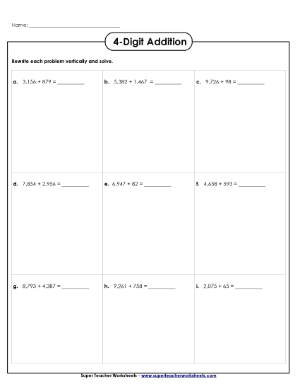 4-Digit Addition - Addition Boxes: 4-Digit