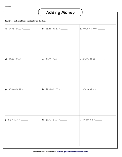 Adding Money - Addition Boxes: Money