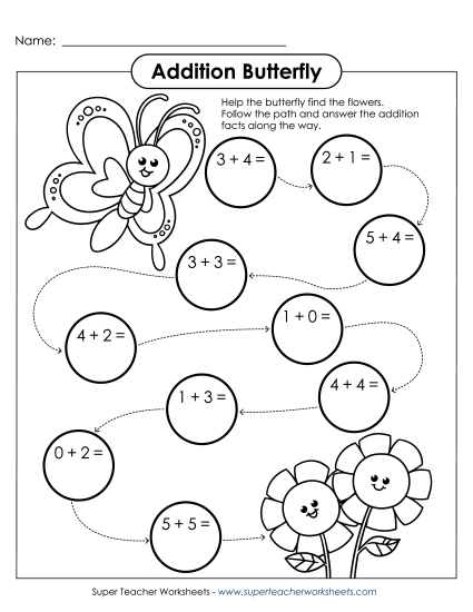 Addition Worksheets, Games, & Puzzles - Addition Butterfly (Addends to 10, Sums to 10) Addition Worksheets, Games, & Puzzles - Addition Butterfly (Addends to 10, Sums to 10)