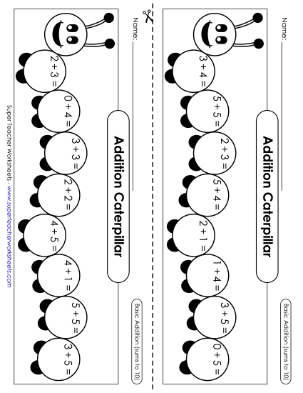 Addition Worksheets, Games, & Puzzles - Addition Caterpillar (Sums to 10) Addition Worksheets, Games, & Puzzles - Addition Caterpillar (Sums to 10)