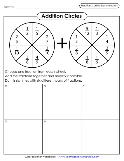 Adding Fractions: Different Denominators - Addition Circles (Fractions w/ Unlike Denominators)